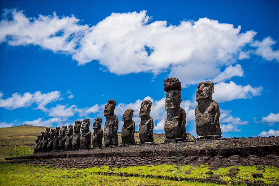 Posągi Moai na Wyspie Wielkanocnej są ustawione w rzędzie. Pod nimi jest kamienne podium, a wokół trawa. W tle po lewej stronie widać niewielkie wzniesienie. Niebo jest niebieskie. Na niebie są niewielkie białe chmury.